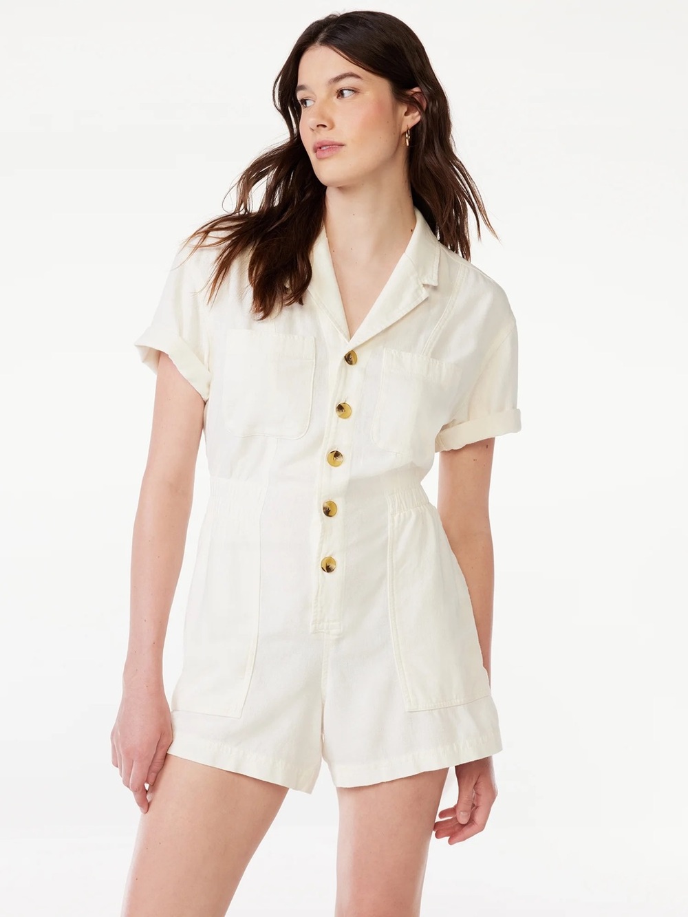 Free Assembly Cream Short Sleeve Button Romper - XS